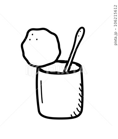 An iron can of canned food is open and a spoon sticks out. Vector doodle illustration of canned food, camping trip. An iron can of canned food is open and a spoon sticks out. Vector doodle illustration of canned food, camping trip. 106215612