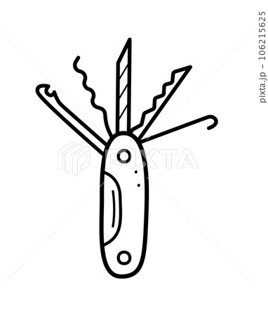 Swiss knife doodle vector icon. Illustration of a tourist knife set of openers. 106215625