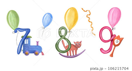 Numbers from 7 to 9 with kid wood toys and colors balloons. Train, cat, rattle, beanbag, ribbons. Watercolor illustration isolated on white background. For design of children party Numbers from 7 to 9 with kid wood toys and colors balloons. Train, cat, rattle, beanbag, ribbons. Watercolor illustration isolated on white background. For design of children party 106215704