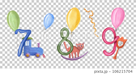 Numbers from 7 to 9 with kid wood toys and colors balloons. Train, cat, rattle, beanbag, ribbons. Watercolor illustration isolated on white background. For design of children party 106215704