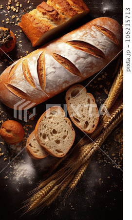 Homemade bread on kitchen table. Freshly baked loaf of bread placed on rustic wooden background 106215713