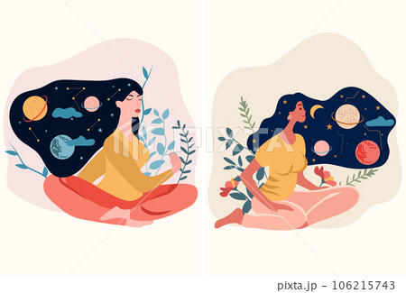 A woman meditates in a yoga lotus position surrounded by leaves and flowers. Concept of yoga practice, meditative relaxation, healthy lifestyle, leisure and wellness support. Vector A woman meditates in a yoga lotus position surrounded by leaves and flowers. Concept of yoga practice, meditative relaxation, healthy lifestyle, leisure and wellness support. Vector 106215743