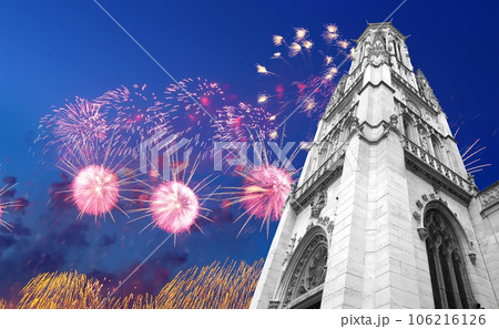 Celebratory fireworks over the Great gothic church of Saint Germain l Auxerrois, Paris, France Celebratory fireworks over the Great gothic church of Saint Germain l Auxerrois, Paris, France 106216126