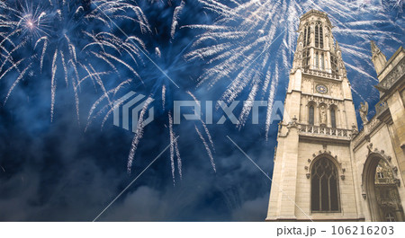Celebratory fireworks over the Great gothic church of Saint Germain l Auxerrois, Paris, France Celebratory fireworks over the Great gothic church of Saint Germain l Auxerrois, Paris, France 106216203