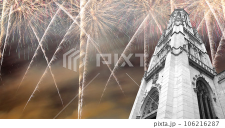 Celebratory fireworks over the Great gothic church of Saint Germain l Auxerrois, Paris, France 106216287