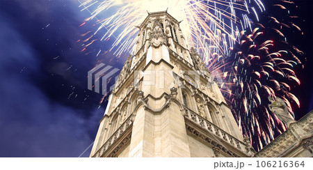 Celebratory fireworks over the Great gothic church of Saint Germain l Auxerrois, Paris, France Celebratory fireworks over the Great gothic church of Saint Germain l Auxerrois, Paris, France 106216364