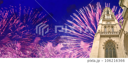 Celebratory fireworks over the Great gothic church of Saint Germain l Auxerrois, Paris, France Celebratory fireworks over the Great gothic church of Saint Germain l Auxerrois, Paris, France 106216366