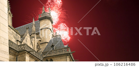 Celebratory fireworks over the Great gothic church of Saint Germain l Auxerrois, Paris, France Celebratory fireworks over the Great gothic church of Saint Germain l Auxerrois, Paris, France 106216486