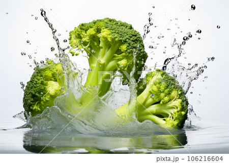 Fresh green broccoli with water splash on grey background, close-up 106216604
