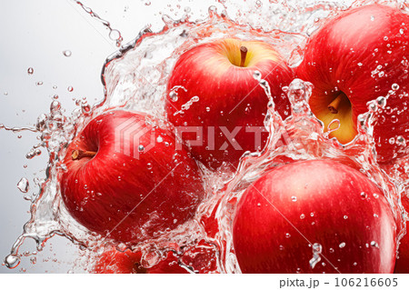 Fresh red apples in water splash on blue background, close-up Fresh red apples in water splash on blue background, close-up 106216605