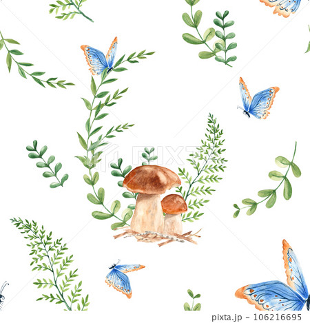 Seamless watercolor pattern with porcini mushrooms, fern, green branches and blue butterfly. Botanical summer hand drawn illustration. Can be used for gift wrapping paper, kitchen textile and fabric 106216695