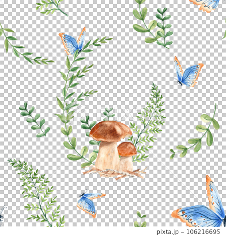 Seamless watercolor pattern with porcini mushrooms, fern, green branches and blue butterfly. Botanical summer hand drawn illustration. Can be used for gift wrapping paper, kitchen textile and fabric 106216695