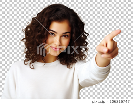 Young girl looking at camera while pointing her finger 106216747