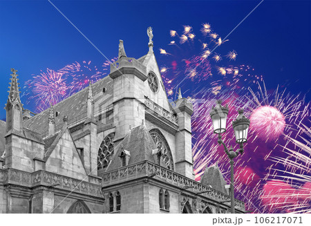 Celebratory fireworks over the Great gothic church of Saint Germain l Auxerrois, Paris, France Celebratory fireworks over the Great gothic church of Saint Germain l Auxerrois, Paris, France 106217071