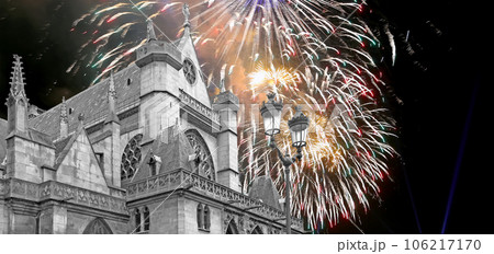 Celebratory fireworks over the Great gothic church of Saint Germain l Auxerrois, Paris, France Celebratory fireworks over the Great gothic church of Saint Germain l Auxerrois, Paris, France 106217170