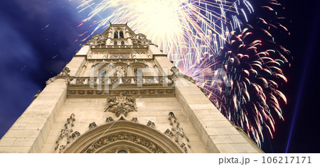 Celebratory fireworks over the Great gothic church of Saint Germain l Auxerrois, Paris, France Celebratory fireworks over the Great gothic church of Saint Germain l Auxerrois, Paris, France 106217171