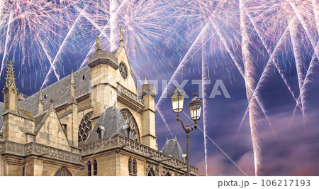 Celebratory fireworks over the Great gothic church of Saint Germain l Auxerrois, Paris, France Celebratory fireworks over the Great gothic church of Saint Germain l Auxerrois, Paris, France 106217193