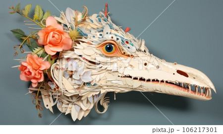 A bird head made out of paper with flowers, AI 106217301