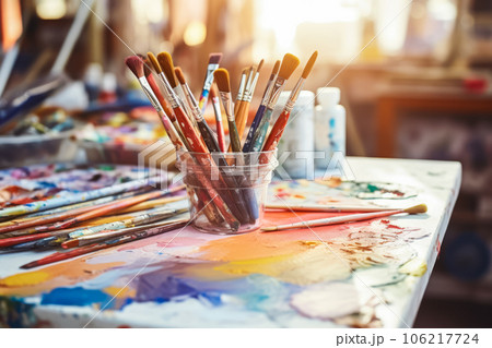 Paint brushes and paints on a table in the artist's studio Paint brushes and paints on a table in the artist's studio 106217724