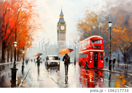 London cityscape with Big Ben and red double decker bus, illustration painting London cityscape with Big Ben and red double decker bus, illustration painting 106217738