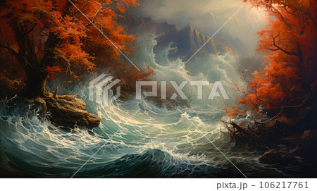 abstract painting of a big wave breaking on the shore of a forest 106217761