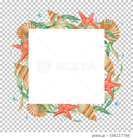 Sea square frame, seaweeds, seashells, red starfish and water bubbles. Marine design. Watercolor hand drawn illustration isolated on white background. For cards, logos, marine design. Sea square frame, seaweeds, seashells, red starfish and water bubbles. Marine design. Watercolor hand drawn illustration isolated on white background. For cards, logos, marine design. 106217786