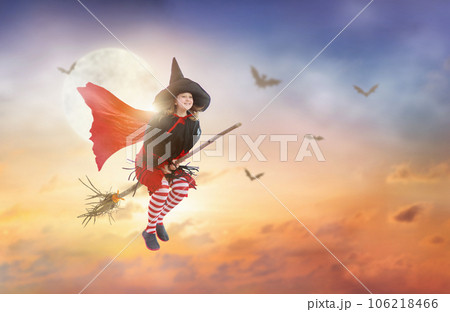 Halloween witch flying broom. Huge moon and bat. Halloween witch flying broom. Huge moon and bat. 106218466
