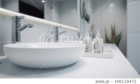 Stylish vessel sink on a white countertop in a modern white bathroom interior, with artificial light Stylish vessel sink on a white countertop in a modern white bathroom interior, with artificial light 106218472