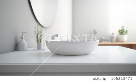 Stylish sink on white countertop in modern white bathroom with green plant and window Stylish sink on white countertop in modern white bathroom with green plant and window 106218473
