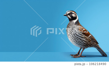 Advertising portrait, banner, classic color bird quail, in full growth, isolated on blue background. High quality photo Advertising portrait, banner, classic color bird quail, in full growth, isolated on blue background. High quality photo 106218490