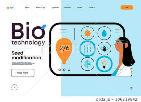 Bio Technology, Seed Modification -modern flat vector concept illustration of scientists choosing features for a seed, genetic modificated variants. Metaphor of direct impact of GMO on vegetation Bio Technology, Seed Modification -modern flat vector concept illustration of scientists choosing features for a seed, genetic modificated variants. Metaphor of direct impact of GMO on vegetation 106219842