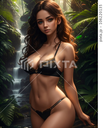 Beautiful girl in swimsuit in rainforest posing for a photo in the jungle Beautiful girl in swimsuit in rainforest posing for a photo in the jungle 106220135