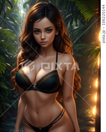 Beautiful girl in swimsuit in rainforest posing for a photo in the jungle Beautiful girl in swimsuit in rainforest posing for a photo in the jungle 106220144