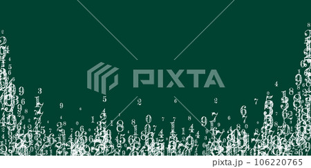 Concept of school background. White chalk numbers and digits falling. Back to school mathematics banner on blackboard background. Falling numbers vector illustration. 106220765