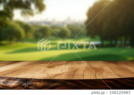 The empty wooden brown table top with blur background of country club. Exuberant. The empty wooden brown table top with blur background of country club. Exuberant. 106220965