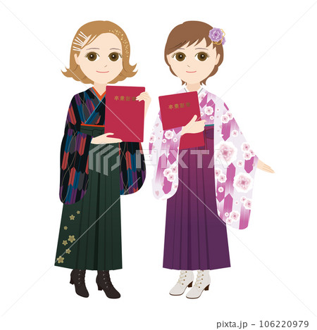 卒業証書を持って寄り添う袴姿の女性二人（和風シームレスパターン） 106220979