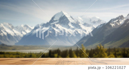The empty wooden brown table top with blur background of Mount Cook landscape. Exuberant. The empty wooden brown table top with blur background of Mount Cook landscape. Exuberant. 106221027