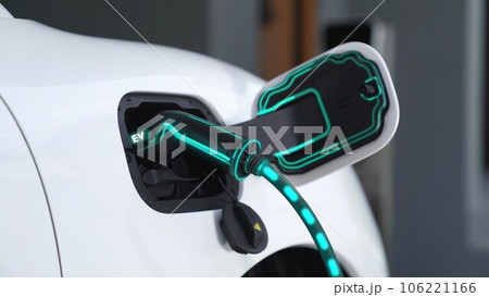 Electric car plugged in with home charging station. Peruse 106221166