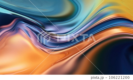 The close up of a glossy liquid surface abstract in green, blush pink, buttercup yellow, and navy blue colors with a soft focus. Exuberant 3D illustration. 106221200