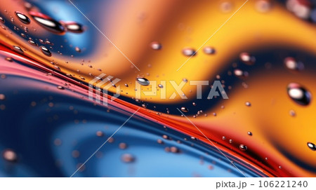 The close up of a glossy liquid surface abstract in red, yellow, and blue colors with a soft focus. Exuberant 3D illustration. 106221240