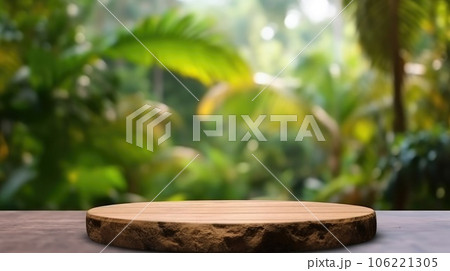 A flat rock empty table for product display with blur background of tropical jungle. Generative AI AIG30. 106221305