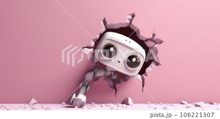 Cute Robot toy peeking out of a hole in wall, torn hole, empty copy space frame, mockup. Generative AI weber. 106221307