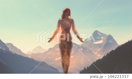 Woman in Yoga Full Body Backlit Pose in the breath taking Alpine. Generative AI weber. Woman in Yoga Full Body Backlit Pose in the breath taking Alpine. Generative AI weber. 106221357