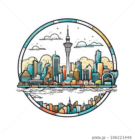 A circle shape frame with center space of Auckland city skyline in simple doodle color cartoon style. Generative AI AIG32 106221448