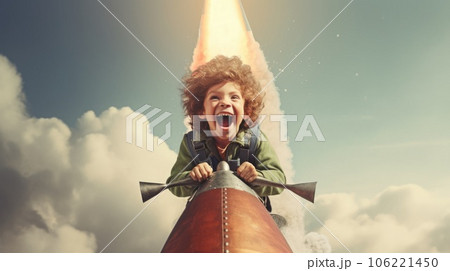 A boy, excited, flying the rocket above clouds in the sky. Generative AI weber. 106221450