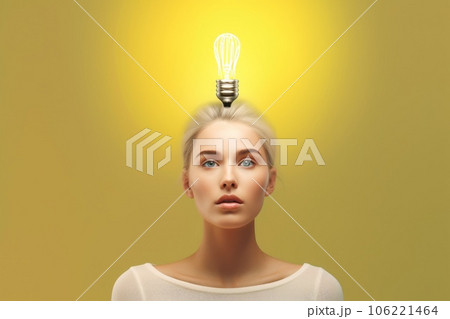 bright light bulb float above of young scandinavian woman's head. generative ai AIG32 bright light bulb float above of young scandinavian woman's head. generative ai AIG32 106221464