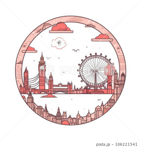 A circle shape frame with center space of London city skyline in simple doodle color cartoon style. Generative AI AIG32 106221541