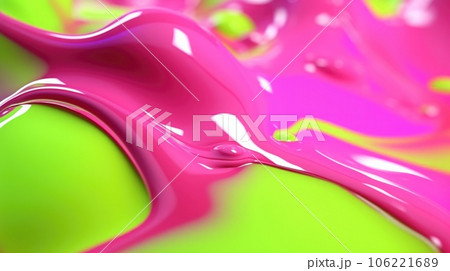 The close up of a glossy liquid surface in bright lime green and hot pink colors with a soft focus. Exuberant 3D illustration. The close up of a glossy liquid surface in bright lime green and hot pink colors with a soft focus. Exuberant 3D illustration. 106221689