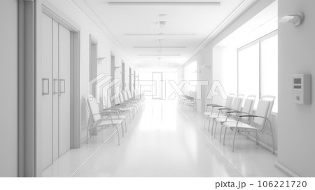 Hospital corridor with windows and white chairs, in the style of bokeh, light gray, bauhaus, light white, skillful. Generative AI weber. 106221720