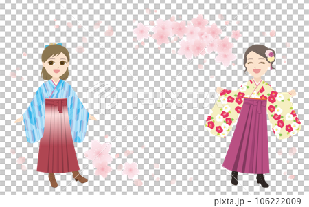 袴姿の女性二人と桜のフレーム（和風シームレスパターン） 106222009